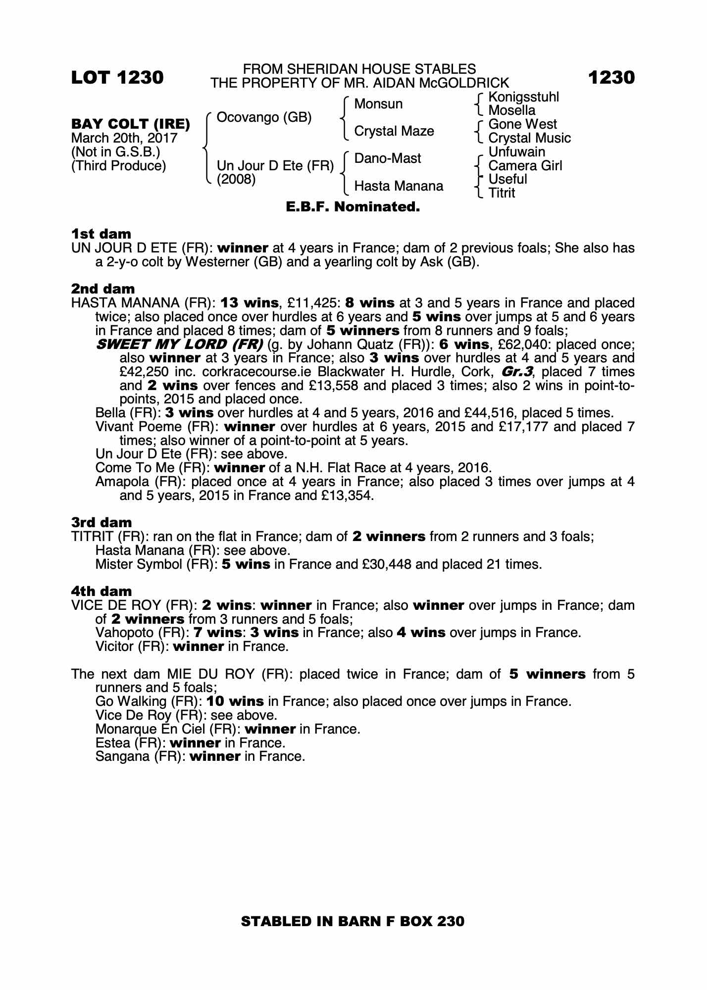 Un Jour D Ete Fr B C Ire Back To List Pdf Purchaser Lismortagh Farm Price 8 000 Consignor Sheridan House Stables Sales For Half Brothers Sisters May Store Sale 19 Lot 223 G By Ask Gb 16 Ralahine Stud David Phelan 22 000